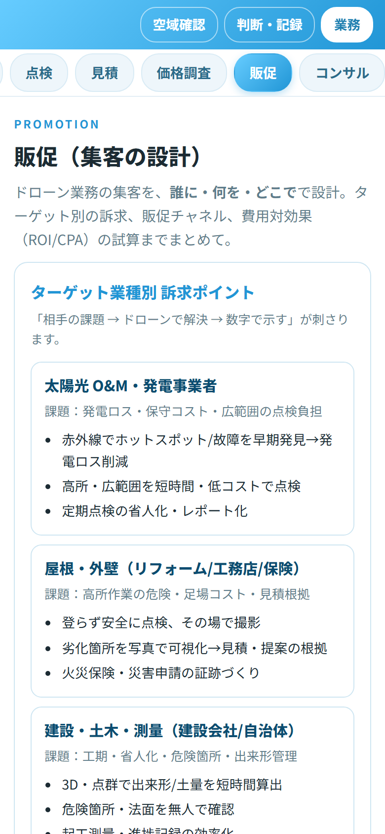 販促ツールの画面（訴求・チャネル・ROI）